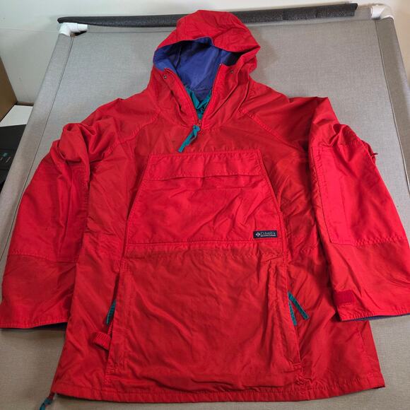 Vintage 90s Columbia Anorak Pullover Jacket Red Hooded Kangaroo Pocket Men’s M - Picture 1 of 10